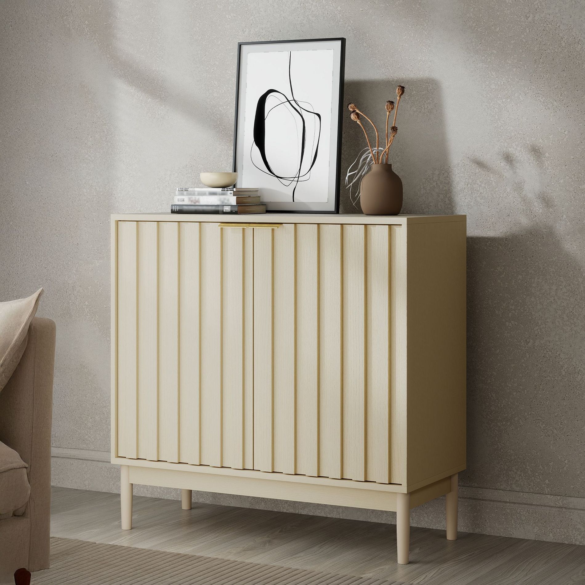 Fluted Storage Cabinet , Buffet Cabinet Sideborad with Door, Kitchen Buffet Storage Accent Cabinet with Adjustable Shelves