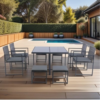 YOOCOZZ 9-Piece Outdoor Rattan Dining Set with Stools, Chairs and Glass Tabletop - Grey