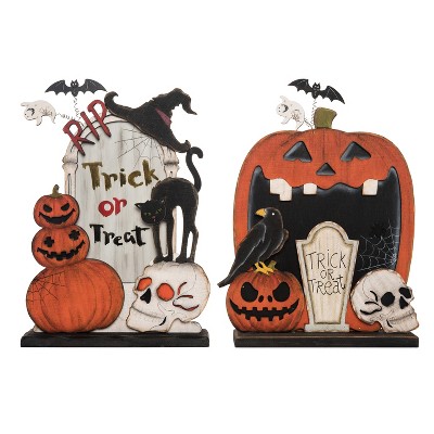 Transpac Plywood Pumpkin Tombstone Decor Set of 2 Halloween Home Decorations