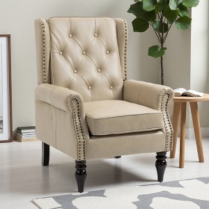 Faux Leather Accent Chair with Wide Back and Wooden Legs - 1 of 4