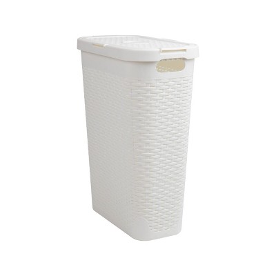 White Slim Rectangular Wicker Laundry Hamper with Lid