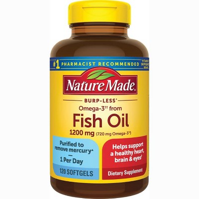 Nature Made Burp Less Omega 3 Fish Oil 1200 mg, Fish Oil Supplements, Omega 3 Fish Oil for Healthy Heart, Brain & Eyes Support, 1 a Day, 120 Softgels.