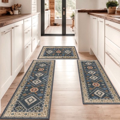 FURNIinspire Floor Mats 2 Piece Farmhouse Kitchen Rug Washable Area Rugs Non Skid Bohemian Mat for Hallway Entryway, Blue, 60"*20"