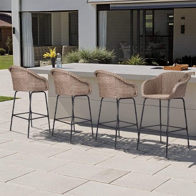 Outdoor PE Rattan Barstools Set of 4,Metal Bar Stools with Armrests and Footrest,UV Resistant Patio Bar Chair for Garden,Balcony-Coolbibila