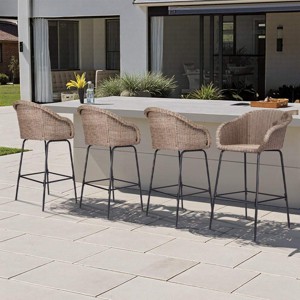 Outdoor PE Rattan Barstools Set of 4,Metal Bar Stools with Armrests and Footrest,UV Resistant Patio Bar Chair for Garden,Balcony-Coolbibila - 1 of 4