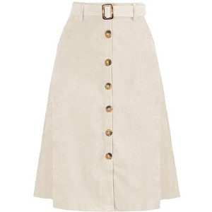 Allegra K Women's High Waist Solid Button Front A-Line Belted Corduroy Midi Skirt - 1 of 4