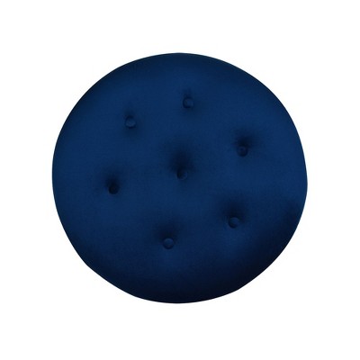 Navy Blue Velvet Tufted Round Ottoman with Fringe