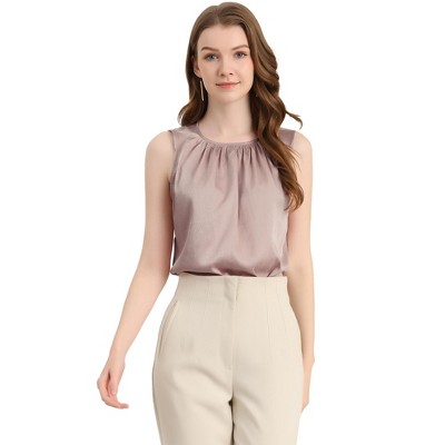 Allegra K Women's Satin Round Neck Sleeveless Work Office Pleated Blouse