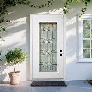 Durable 36 in. x 80 in. Full Lite Decorative Glass Right Hand Inswing Fiberglass Front/Exterior Door- Finished White - 1 of 4