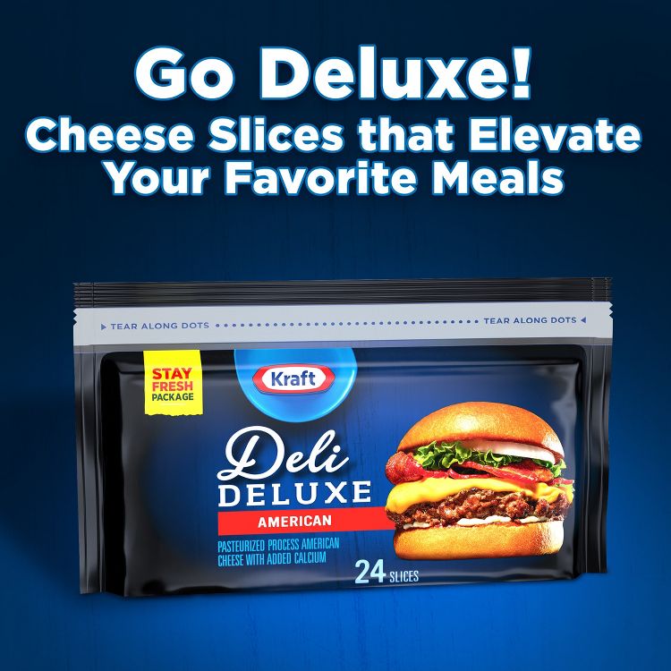 Package of Kraft Deli Deluxe American cheese slices with a burger image and text stating "24 slices" and "Stay Fresh Package."