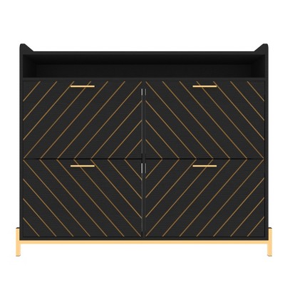 Vynxaria Brown Shoe Rack Cabinet with Gold Accents and Flip Doors