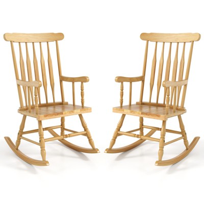 Tangkula 2 PCS Patio Rocking Chair Solid Wood Outdoor Porch Rocker Chair with Rubber Wood Frame Indoor Wooden Rocking Chair Natural