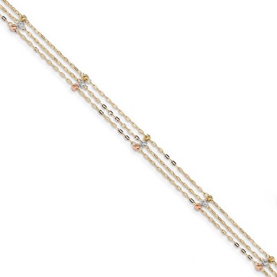 Black Bow Jewelry 14k Tri-Color Gold 3-Strand D/C Beaded Cable Chain Anklet, 10 Inch