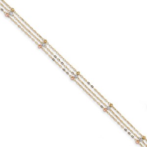 Black Bow Jewelry 14k Tri-Color Gold 3-Strand D/C Beaded Cable Chain Anklet, 10 Inch - 1 of 4