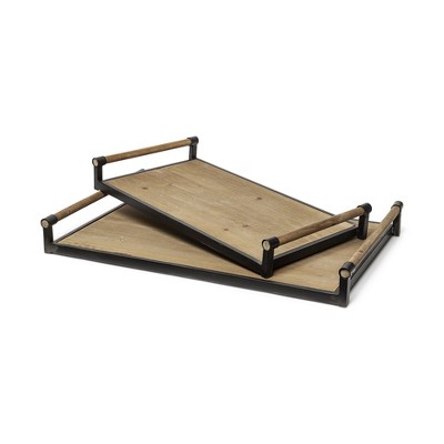 HomeRoots Set of Two Brown Wood Indoor Outdoor Serving Tray With Handles