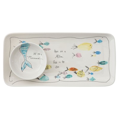 Stoneware Plate & Small Round Dish with Fish Print White/Blue/Yellow 2pc - 3R Studios