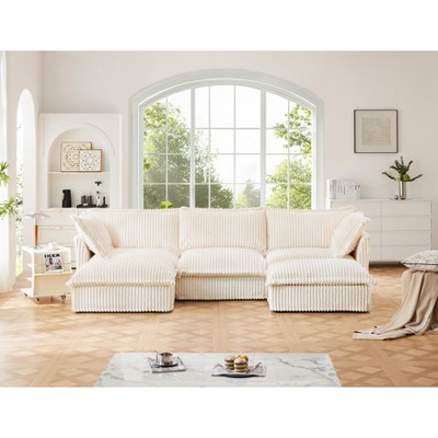 NicBex Couches for Living Room U-Shaped 3 Seat Sectional Comfy Sofa Modern Corduroy Upholstered Slipcovered Sofa Couch with Ottomans, Cream