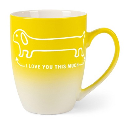 Elanze Designs Witty Pet Lover Coffee Cup Mug 12 Ounce Ceramic With Ombre Gradient Love You This Much Weiner Dog Yellow and White