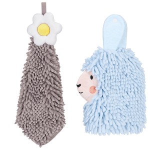 REGALWOVEN Soft Absorbent Flower Pattern and Sheep Pattern Chenille Hand Towel with Loop 6" x 15"/7" x 11" 2 Pcs - 1 of 4