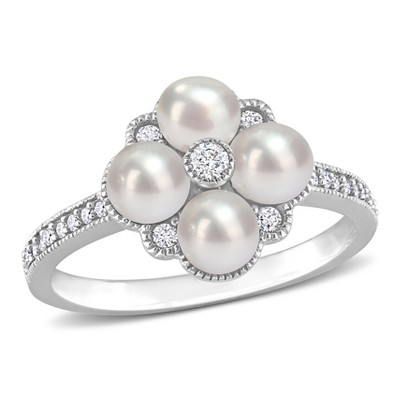 Everly Jewelry – 14K White Gold 1/6 TGW Diamond and White Freshwater Cultured Pearl Fashion Ring