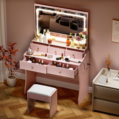 COMHOMA Vanity Desk with Mirror and Lights, Built-in Charging Station, Makeup Vanity Table and Chair Set, 3 Color Modes