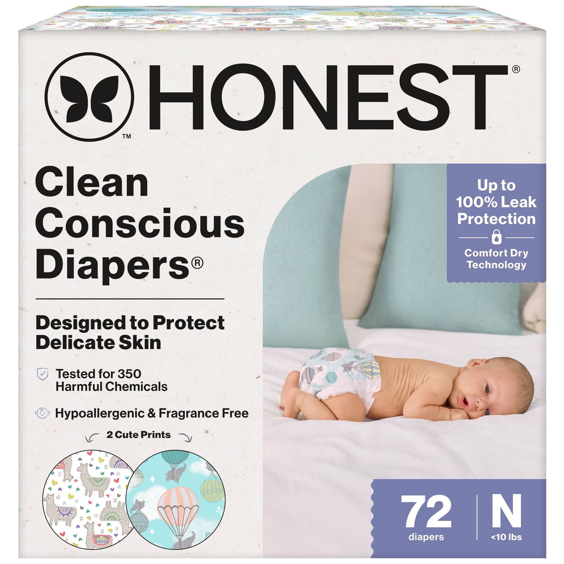 The Honest Company Clean Conscious Disposable Diapers - Above it All + All the Alpacas - Size Newborn - 72c