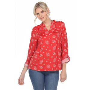 Women's Pleated Long Sleeve Leaf Print Blouse - White Mark - 1 of 4