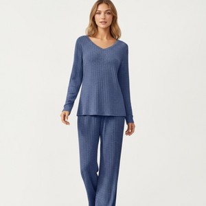 Anna-Kaci Women's 2-Piece Set Off-Shoulder Ribbed Knit Design Long Sleeve Top and Wide Leg Pants - 1 of 4