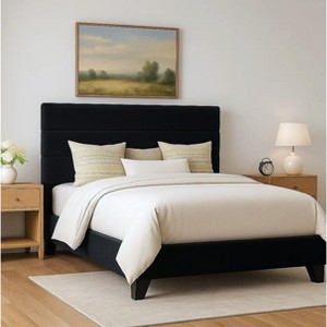 Bed Frame with Upholstered Headboard, Wooden Slats Support Black Mattress Foundation - 1 of 4