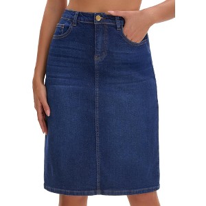 INSPIRE CHIC Women's High Waist Back Slit Stretch Denim Casual Sheath Midi Jean Skirts - 1 of 4