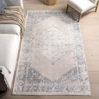 Light Gray Synthetic Medallion Washable Area Rug, 5' x 8'