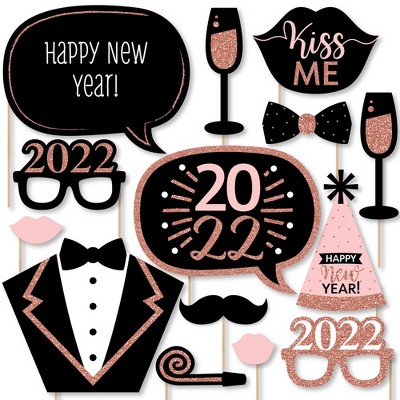 Big Dot of Happiness Rose Gold Happy New Year - 2022 New Year's Eve Party Photo Booth Props Kit - 20 Count