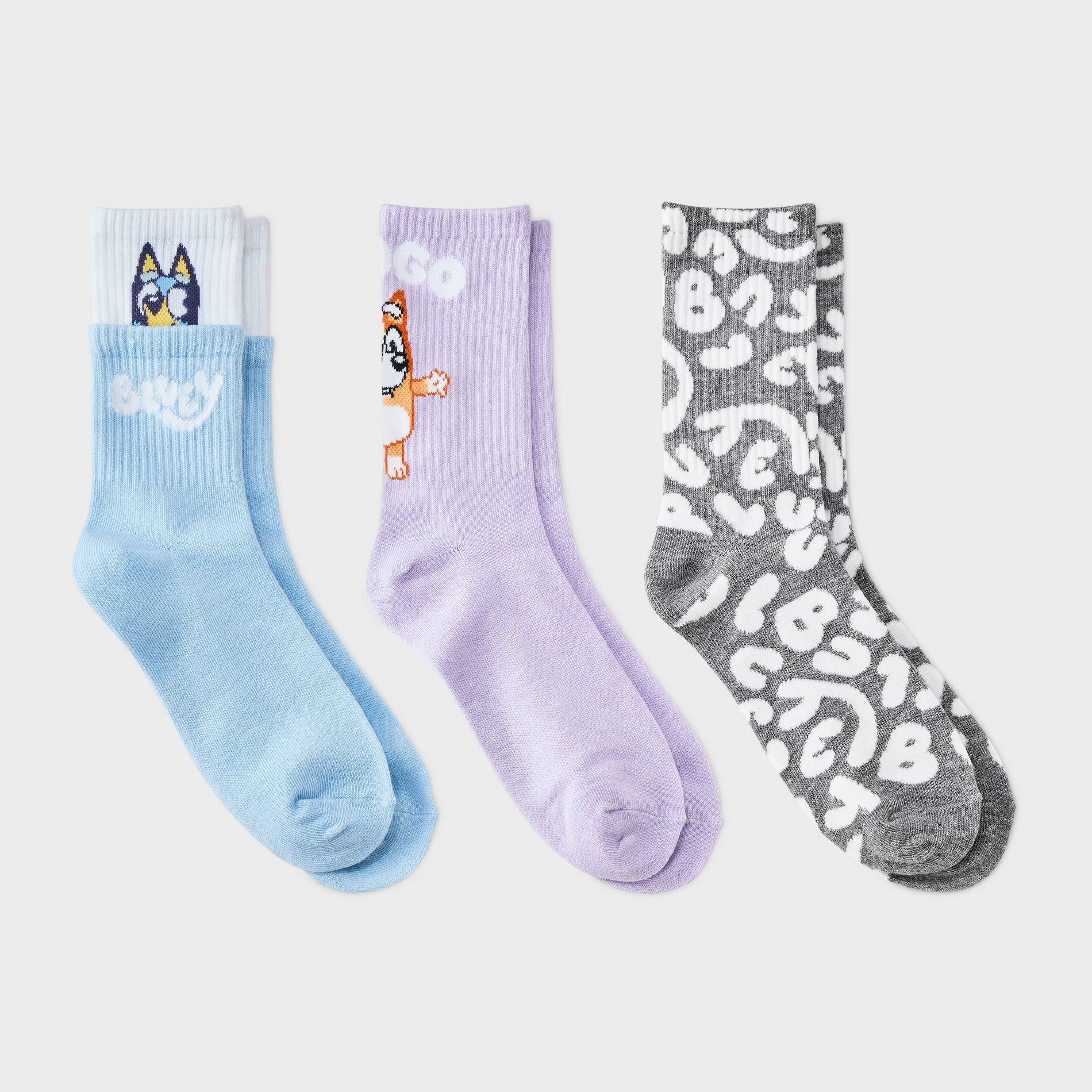Women's Bluey Peekaboo 3pk Crew Socks - Blue/Gray/Purple 4-10