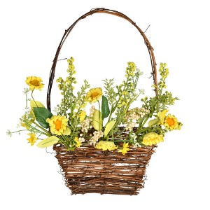 Vickerman 10" x 14" Artificial Yellow Sunflower Basket. This hanging basket features sunflowers and yellow wild flowers with a variety of greenery. - 1 of 1