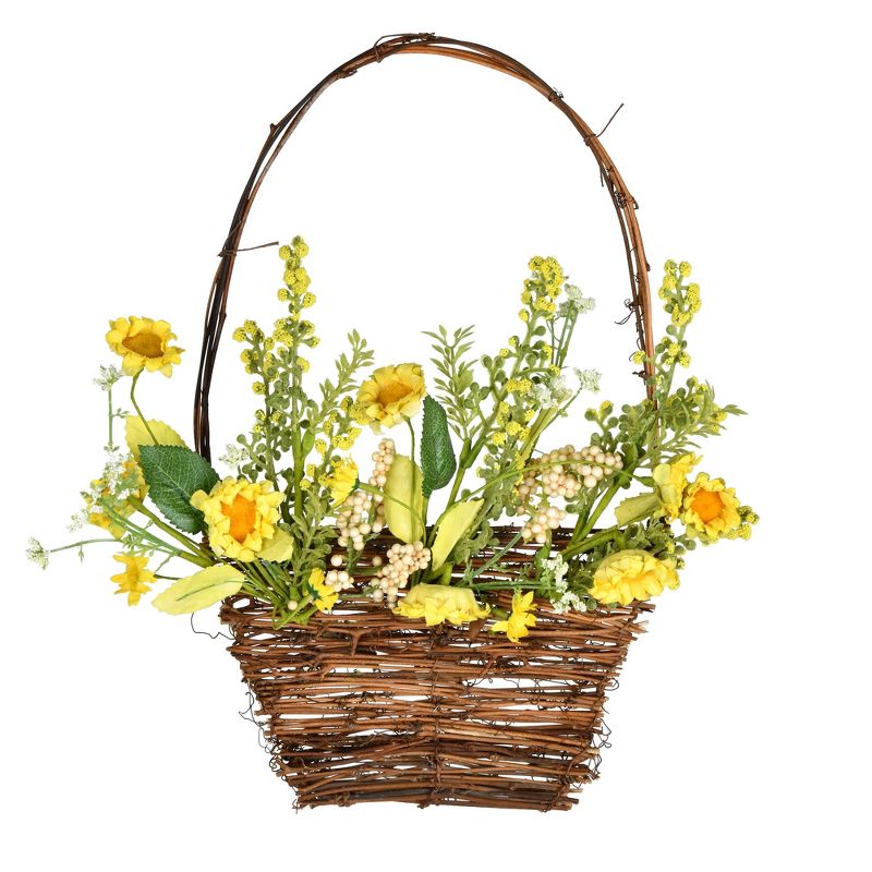 Vickerman 10" x 14" Artificial Yellow Sunflower Basket. This hanging basket features sunflowers and yellow wild flowers with a variety of greenery., 1 of 2