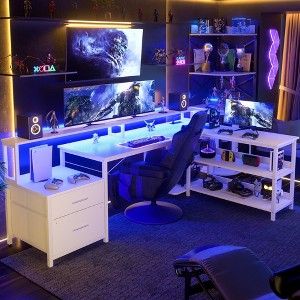 Besiost 66"-73" Reversible L-Shaped Desk with Charging Station, Home Office Computer Desk with LED Lights & Drawers - 1 of 4
