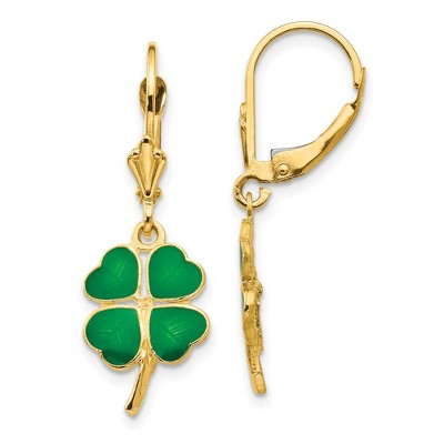 Black Bow Jewelry Green 4-Leaf Clover Lever Back Earrings in 14k Yellow Gold and Enamel
