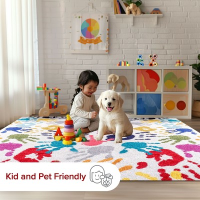 Multicolor Handprint Round Synthetic Kids Rug