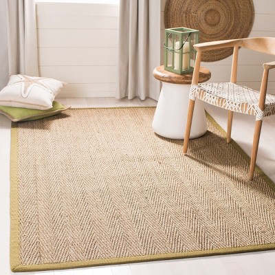 Natural Herringbone Seagrass Area Rug with Olive Border