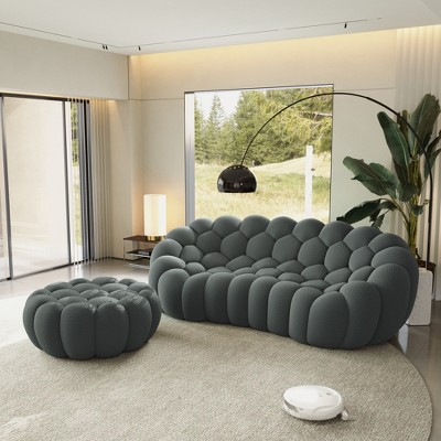 WJSHome 3 Seater Bubble Sofa with Ottoman, Curved Couch, Comfy Upholstered Sofa, Mesh Fabric 3D Honeycomb Shape Modern Couch
