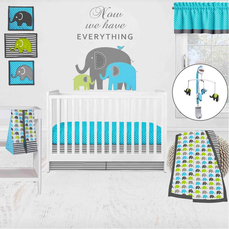 Bacati - Elephants Aqua/Lime/Gray 10 pc Crib Bedding Set with 2 Crib Fitted Sheets, 1 of 12