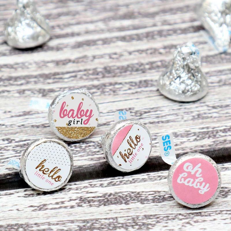 Big Dot of Happiness Hello Little One - Pink & Gold - Girl Baby Shower Party Round Candy Sticker Favors - Labels Fits Chocolate Candy (1 sheet of 108), 3 of 7