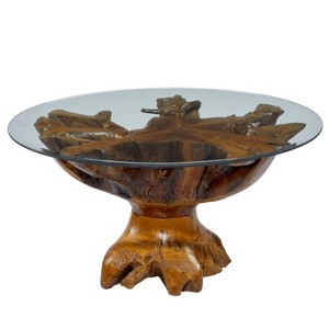 Rustic Teak Coffee Table Brown - Olivia & May: Unique Teak Base, Clear Glass, Fully Assembled - 1 of 4