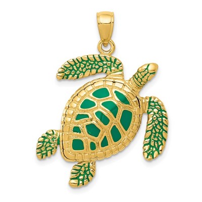 Black Bow Jewelry 14k Yellow Gold Green Enameled 3D Sea Turtle Pendant