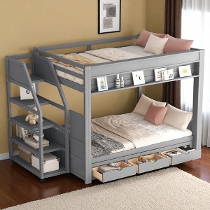 Full Size Convertible Wood Bunk Bed with Storage Staircase, Daybed, Bedside Table, and 3 Drawers - 1 of 4