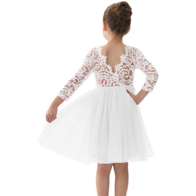 2Bunnies Girls' Paisley Lace Tulle Long Sleeve Knee Flower Girl Dress
