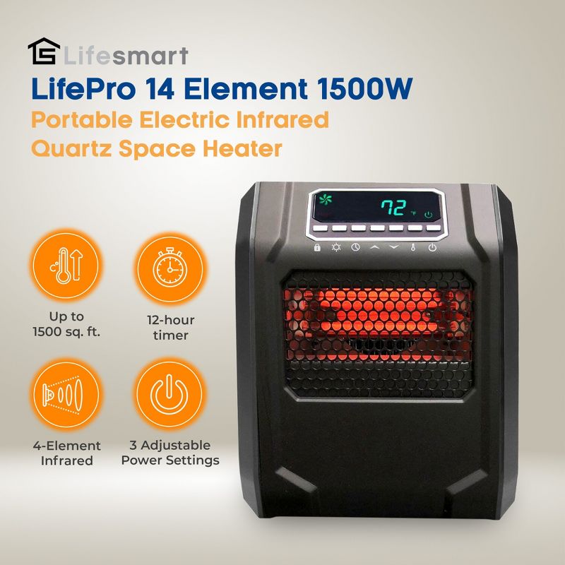 LifeSmart 1500 Watt Portable Electric Infrared Quartz Space Heater for Indoor Use with 4 Heating Elements and Remote Control, Black, 2 of 7