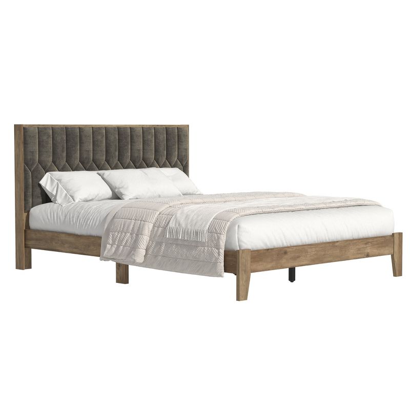 Galano PVTcus with Velvet Brown Wood Frame Upholstered Queen Platform Bed with Headboard, 3 of 15