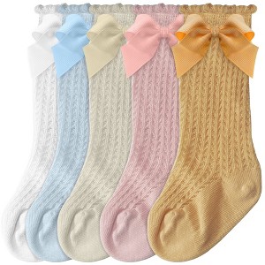 Cozyway Baby & Toddler Knee High Bow Socks, 5 Pack for Girls, Pastel Colors, 9-18 Months Old - 1 of 4