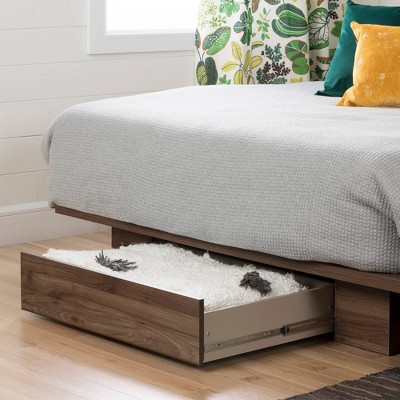 Natural Walnut Queen Platform Bed with Upholstered Headboard and Drawer